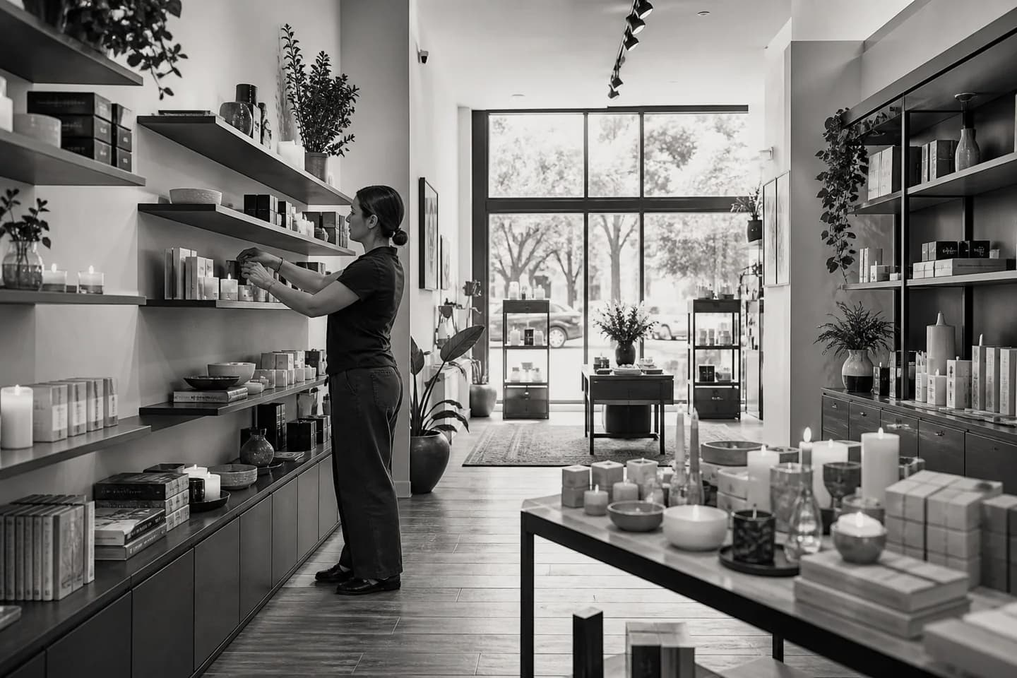 A bright monochrome wellness boutique with an adult employee arranging shelves.