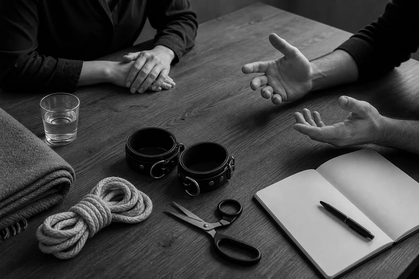 Black-and-white still life of rope, safety shears, cuffs, water, and a blank negotiation notebook.