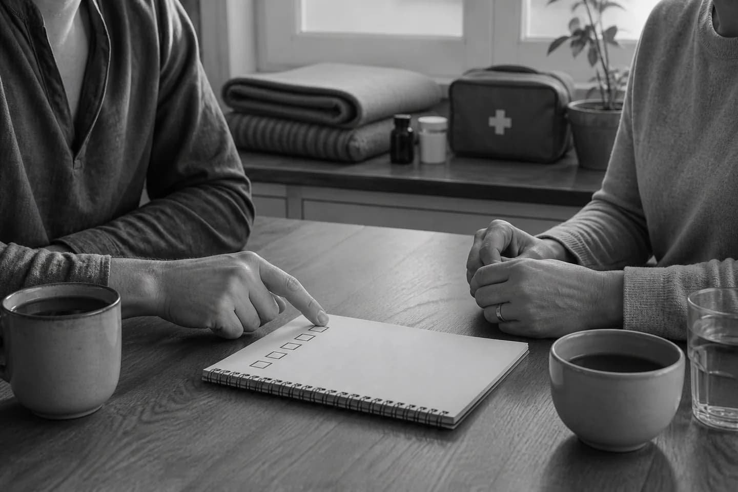 Two adults discussing a blank checklist over tea in a black-and-white photograph.