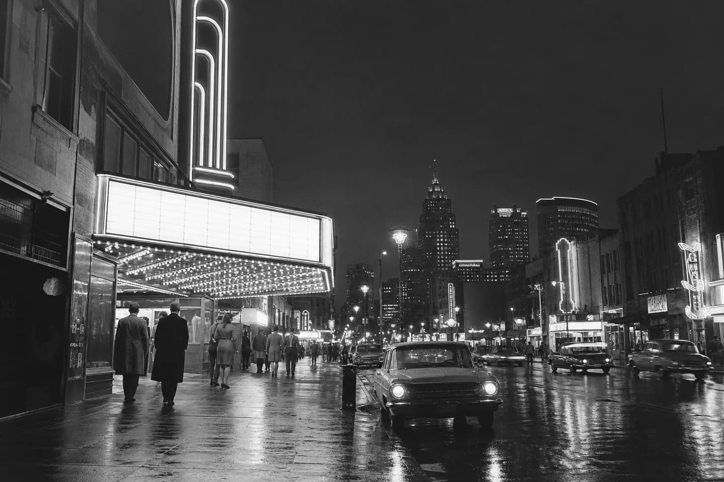 Black-and-white archival-style photograph of a theater-lined Dallas street at night.
