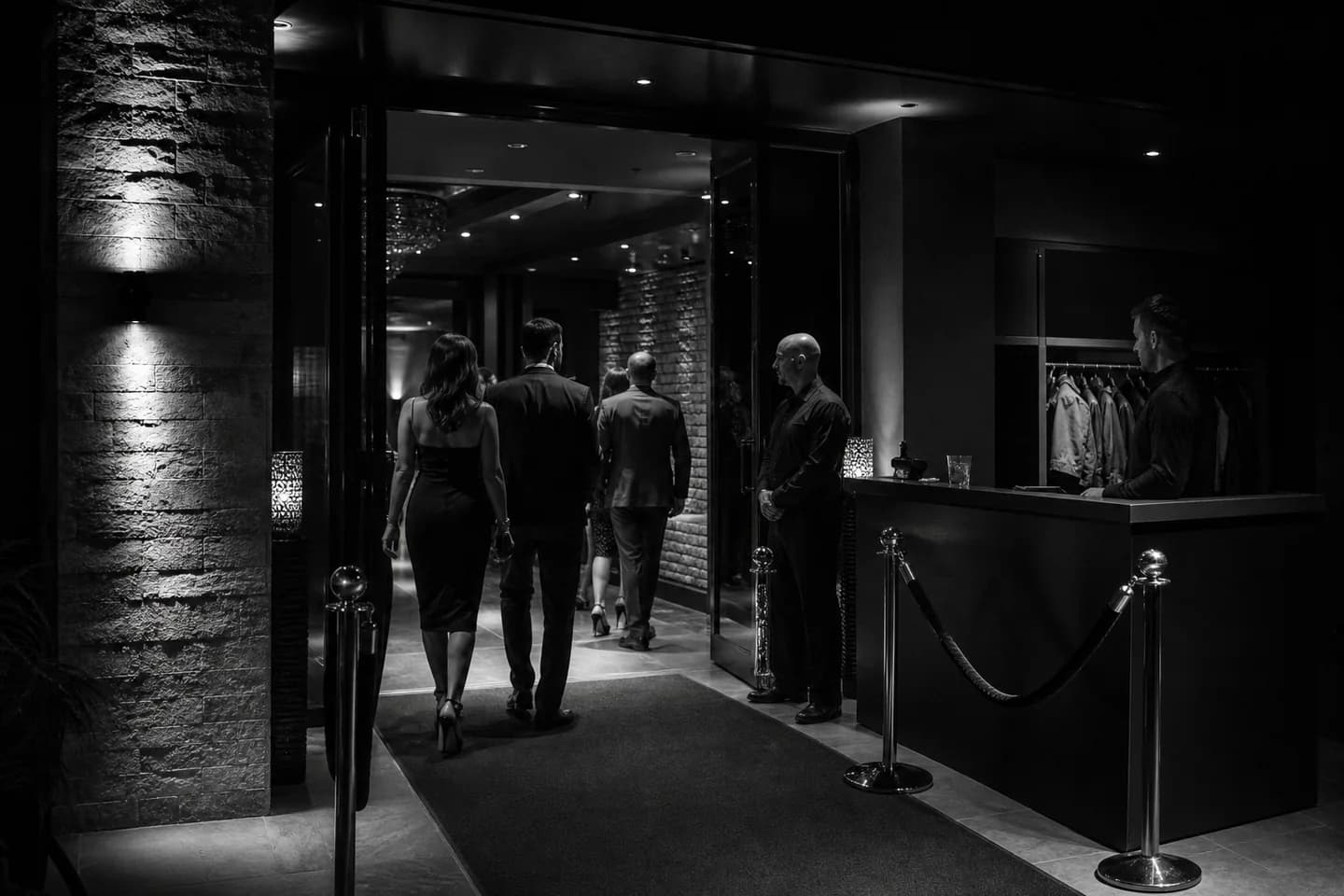 Adults entering a discreet upscale club with a host stand and coat check in monochrome.