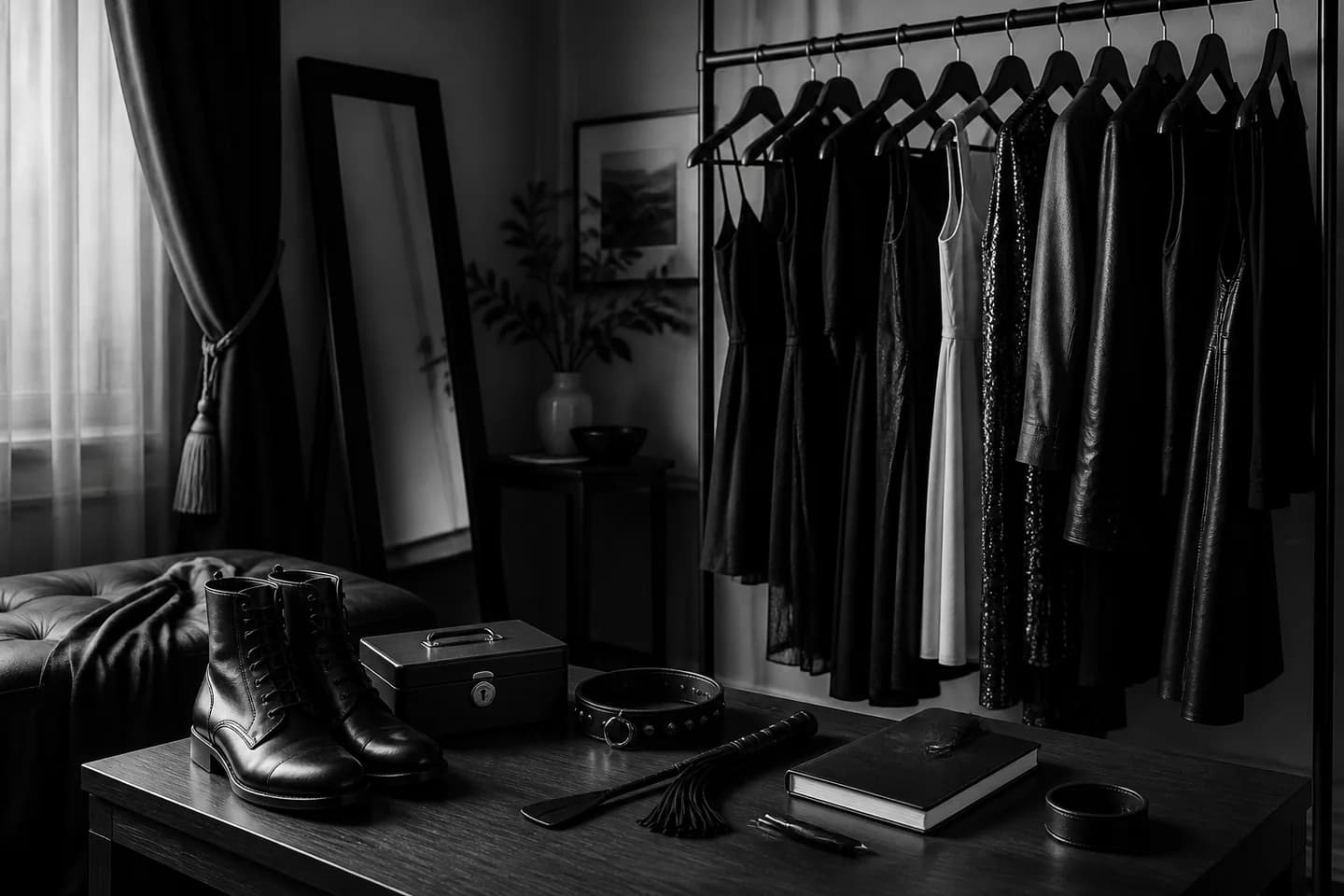 Monochrome wardrobe of eveningwear, leather accessories, boots, and a private journal.